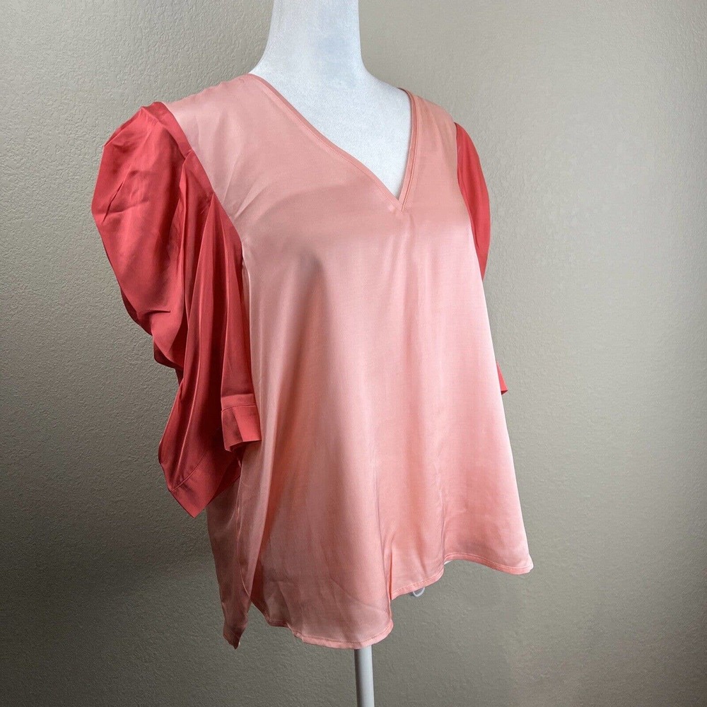 Emily McCarthy Top Large Coral Apricot Satin Blouse Preppy Capsule